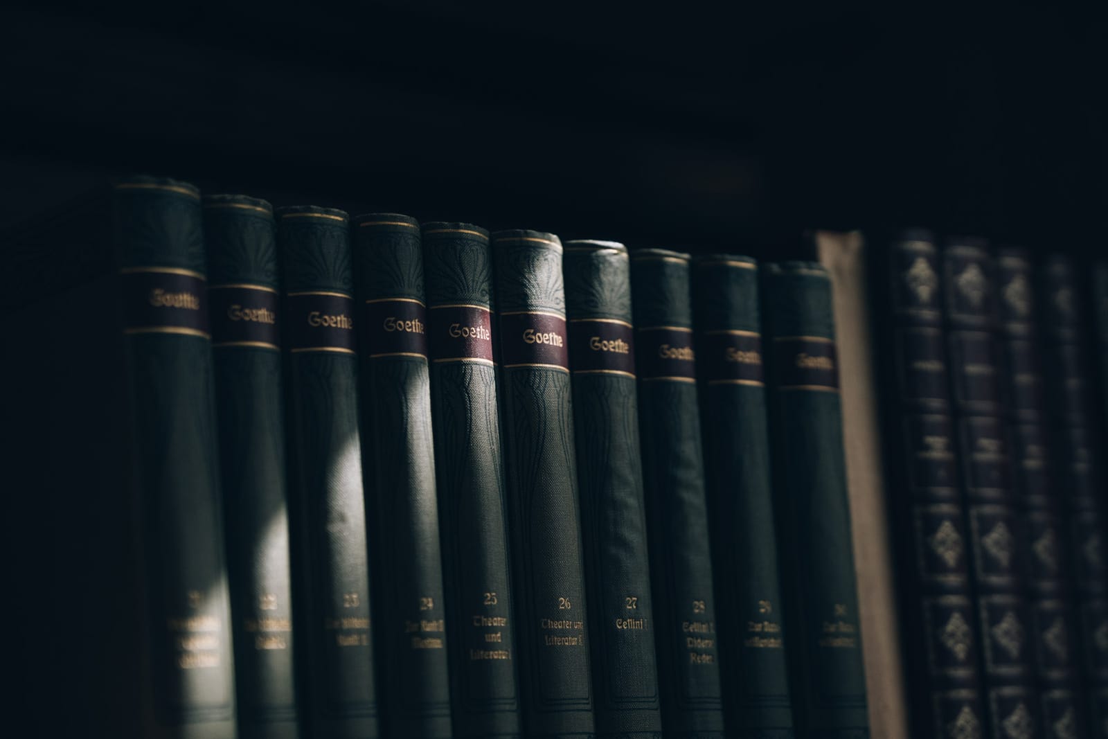Gros plan : les dos de vieux volumes reliés de cuir sombre, dans la bibliothèque de la clinique