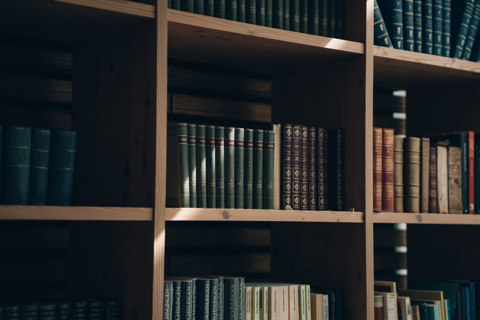 Des rayonnages en bois garnis de livres anciens reliés, dans la bibliothèque de la clinique
